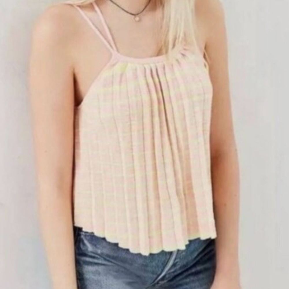 Kimchi Blue Pink and Yellow Striped Pleated Knit Crop Top. Size XS